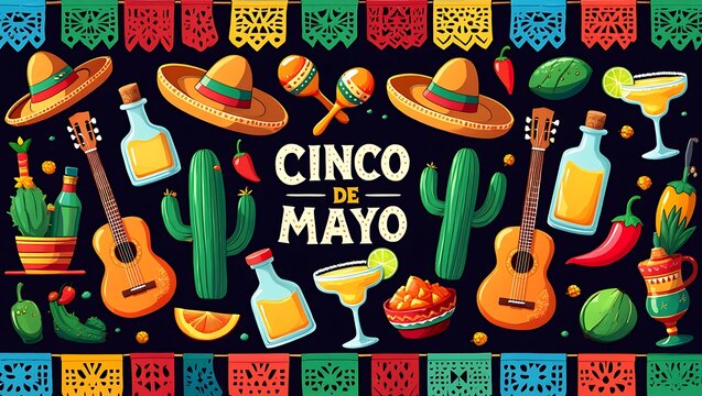 Cinco de mayo celebration with traditional mexican elements like sombreros guitars and margaritas