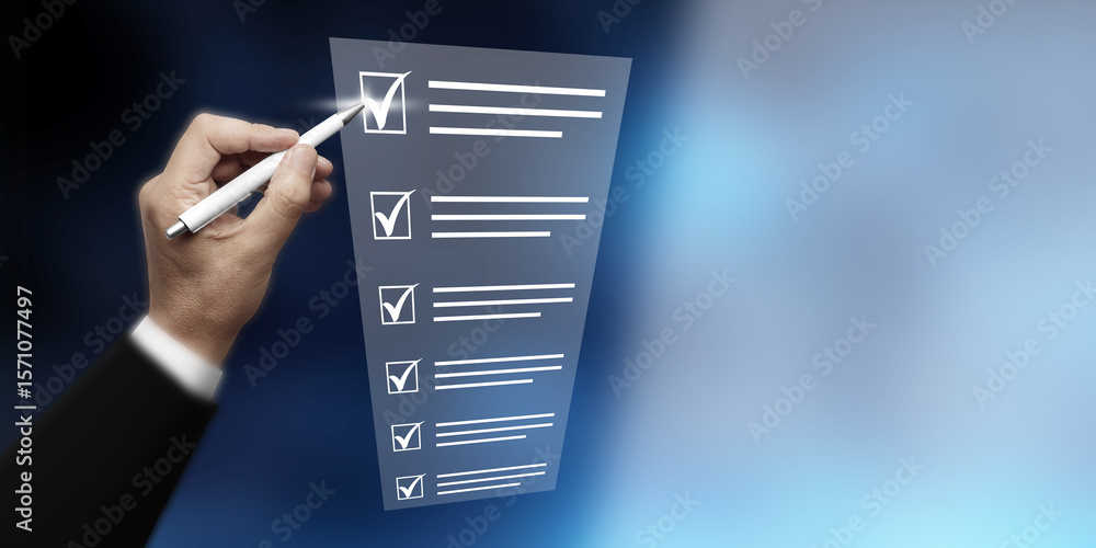 Poster completing digital checklist: hand with pen ticking boxes on virtual screen for business, surveys, a