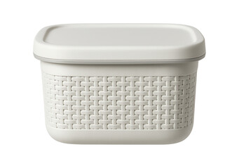 Small plastic basket with a lid, useful for keeping toiletries tidy in a bathroom.