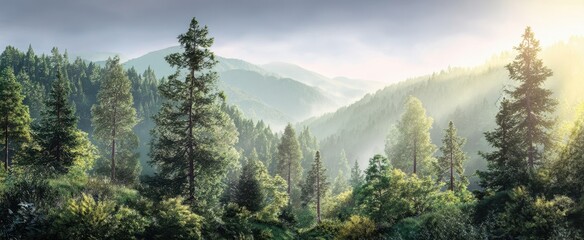 The serene forest landscape bathed in soft morning sunlight and mist.