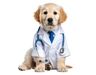  Cute Golden Retriever Puppy in Doctor Costume with Stethoscope Around Neck, Isolated on Transparent Background