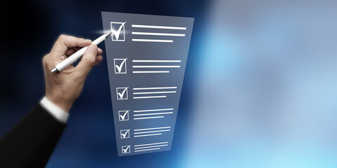 Completing Digital Checklist: Hand with Pen Ticking Boxes on Virtual Screen for Business, Surveys,...