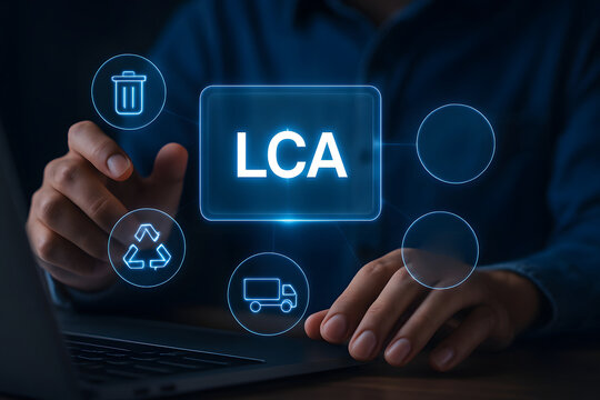 Businessperson using augmented reality lca graphic with waste management and recycling symbols ai generated - Powered by Adobe