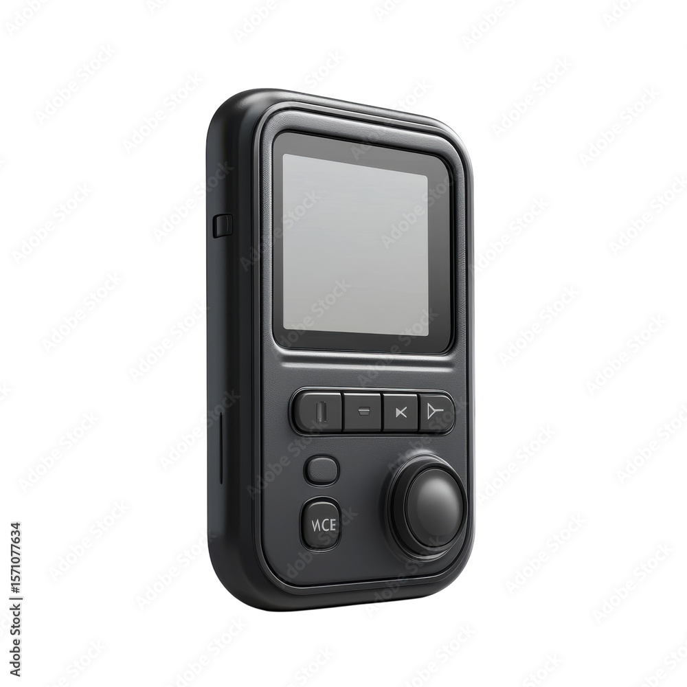 Poster portable multimedia player black audio device with controls screen knob on transparent background