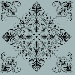 A stunning black and white floral mandala design set against a soft blue background. This intricate pattern features swirling motifs and ornate details, making it ideal for wallpapers, textiles.
