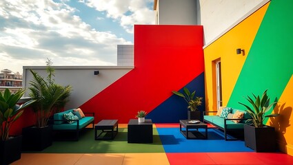Bold geometric terrace setup with primary color zones and vivid contrast lighting