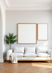 There are empty photo frames on the living room wall an interior design illustration mockup template and an empty poster frame mockup template Empty room interior design Ultra realistic Photoreal