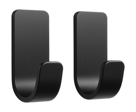 Minimalist black self-adhesive hooks for hanging headphones in a home office setup.