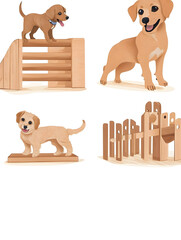 A playful set of dog training illustrations featuring various adorable brown puppies interacting with wooden agility obstacles on a white background