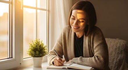 A young woman writes in a notebook by a window bathed in warm sunlight. The scene includes a potted plant and a soft background.