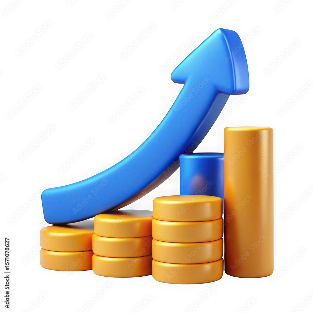 Poster photo of a 3d chart with a rising arrow and coin stacks, isolated on transparent background