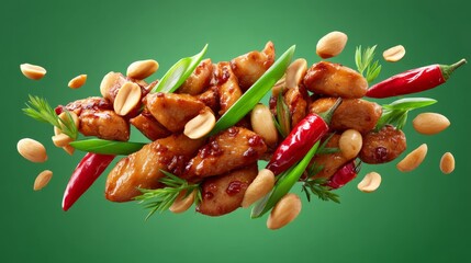 Colorful Floating Ingredients of Chinese Cuisine Featuring Peanuts Green Onions and Spicy Red Chilies
