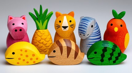 Colorful Handmade Wooden Animal and Fruit Toys for Children's Playtime and Decor