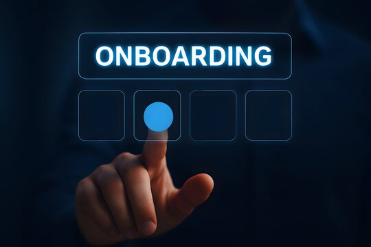 Human hand selecting the onboarding option on a digital interface with a blue glowing dot