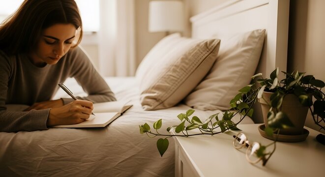 A woman writing in a notebook on a bed in a cozy bedroom with a plant and glasses on a nightstand soft lighting and warm tones convey a sense of peace.
