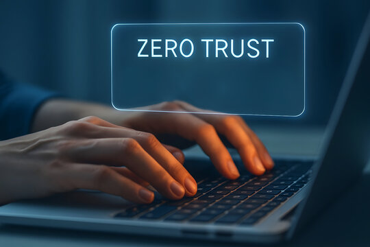 Hands working on laptop with glowing zero trust concept related to data security.