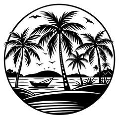Silhouette Illustration of Tropical Island with Palm Trees, Hammock, Birds, and Bats – Relaxation, Nature, and Exotic Vacation Concept in Black and White