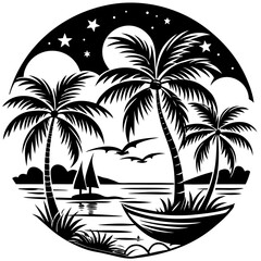Silhouette Illustration of Tropical Island with Palm Trees, Hammock, Birds, and Bats – Relaxation, Nature, and Exotic Vacation Concept in Black and White