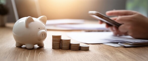 The piggy bank representing savings and financial planning in a modern workspace.