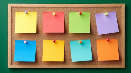 Colorful Sticky Notes in Various Shades Arranged on a Cork Board in a Creative Workspace