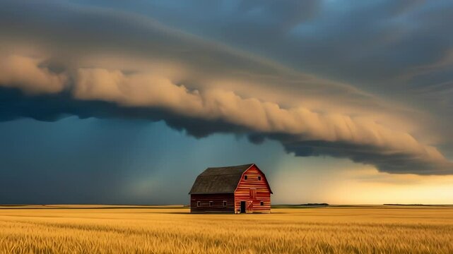 vibrant red barn stands isolated in a golden wheat field under a dramatic sky with powerful clouds and distant rain.