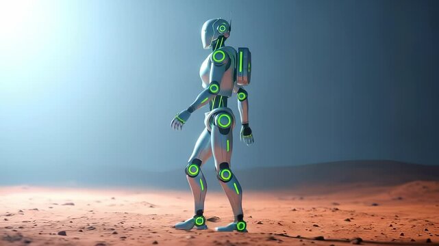 sleek silver humanoid robot with glowing green accents walks across a desolate red planet landscape.