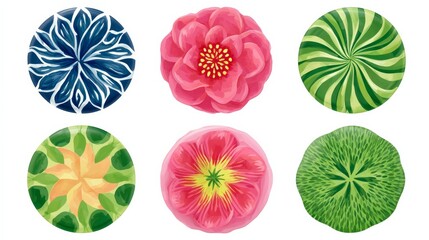 Decorative Fridge Magnets Featuring Vibrant Floral and Abstract Circular Designs in Various Colors