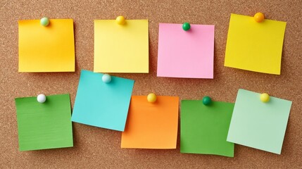 Colorful Sticky Notes Arranged on a Corkboard Creating a Vibrant and Organized Display