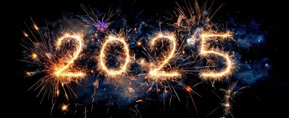 The dazzling fireworks display forming the year 2025 against a night sky.