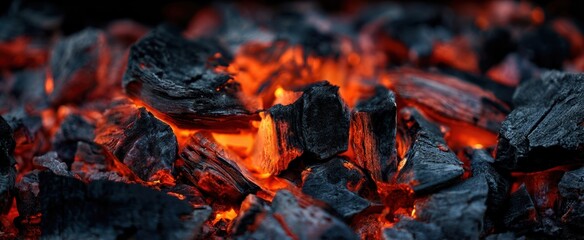 The glowing embers of charcoal creating warmth and energy in a dark setting.