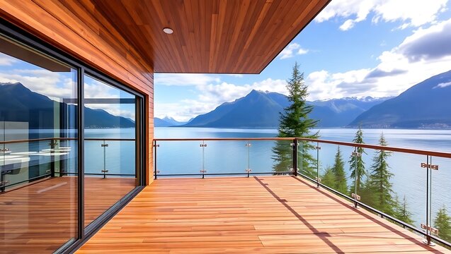 Canadian lakeside luxury terrace in British Columbia, cedar deck, glass railing, mountain view