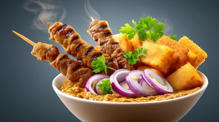 Delicious Indonesian Dish Featuring Grilled Skewers, Crispy Tofu, and Fresh Herbs Garnish