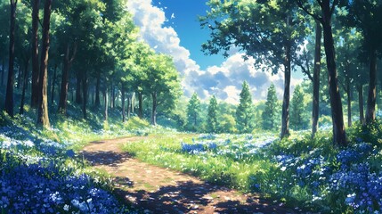 Lush forest path winding through a field of wildflowers.