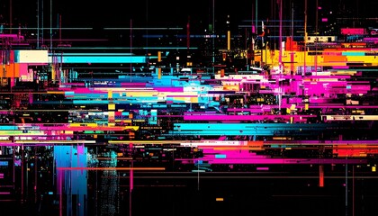 Digital glitch-inspired abstract art, neon color splashes and pixel distortions, concentrated on the sides, dark background