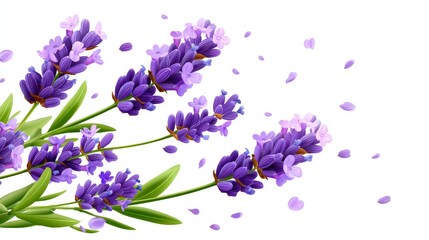 Floating Lavender Sprigs with Delicate Purple Flowers and Green Leaves Against a White Background