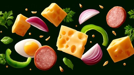 Floating Ingredients for a Colorful Omelette Including Cheese, Salami, Eggs, and Vegetables on a Dark Background