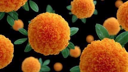 Floating Orange Marigolds with Green Leaves Against a Dark Background