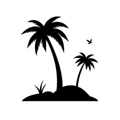 Silhouette Illustration of Tropical Island with Palm Trees, Hammock, Birds, and Bats – Relaxation, Nature, and Exotic Vacation Concept in Black and White