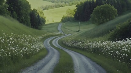 Winding country road through a verdant landscape.