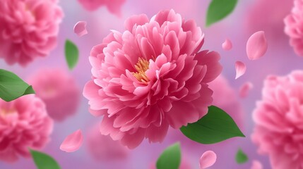 Floating Pink Peonies with Lush Green Leaves Against a Soft Pastel Background