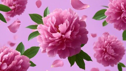 Floating Pink Peonies With Lush Green Leaves and Delicate Petals Against a Soft Purple Background