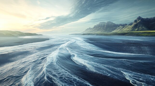 Majestic oceanic expanse meeting rugged terrain under ethereal skies