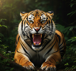 Obraz premium A powerful tiger mid-roar, showing sharp teeth and intense eyes, surrounded by dense jungle.