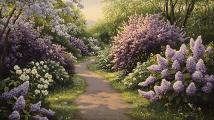 A springtime path lined with flowering shrubs.