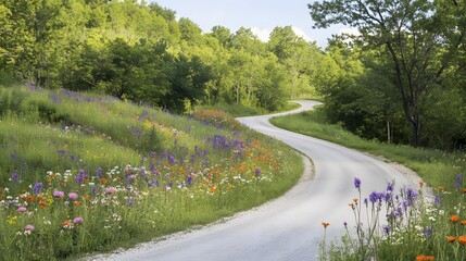 Winding road through a colorful meadow.