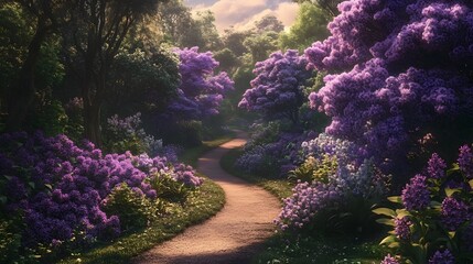 A winding path through a vibrant garden filled with purple flowers.