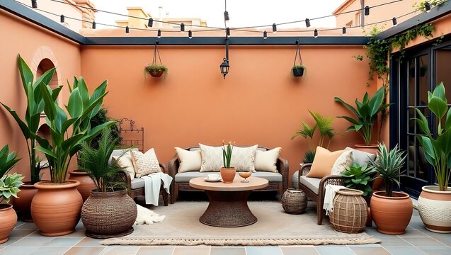 Bohemian-style luxury terrace, terracotta pots, warm neutrals, organic fabrics