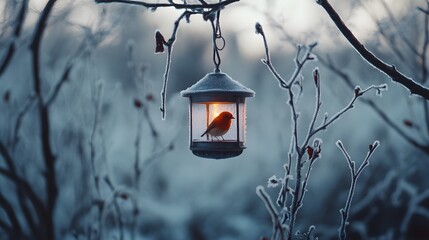 A robin rests in a winter bird feeder.