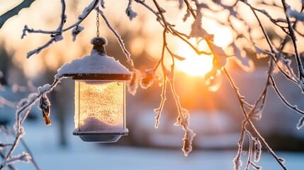 Winter sunrise with frosted branches and a snow-covered bird feeder.