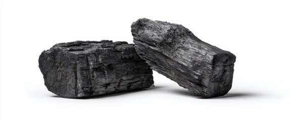 The unique beauty of natural charcoal pieces on a white background.